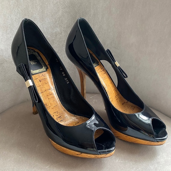 Christian Dior Black Patent Leather Peep Toe Pumps Stiletto Heels with Bow - Picture 1 of 7